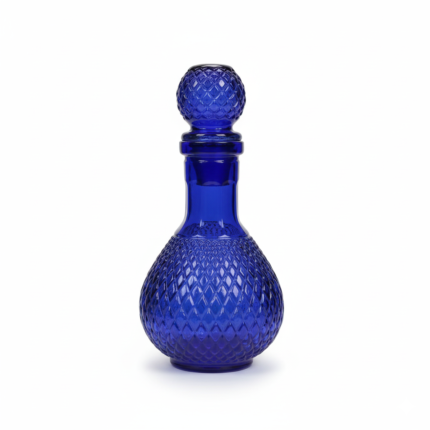 Royal Blue Diamond Cut Decanter Bottle with Textured Stopper